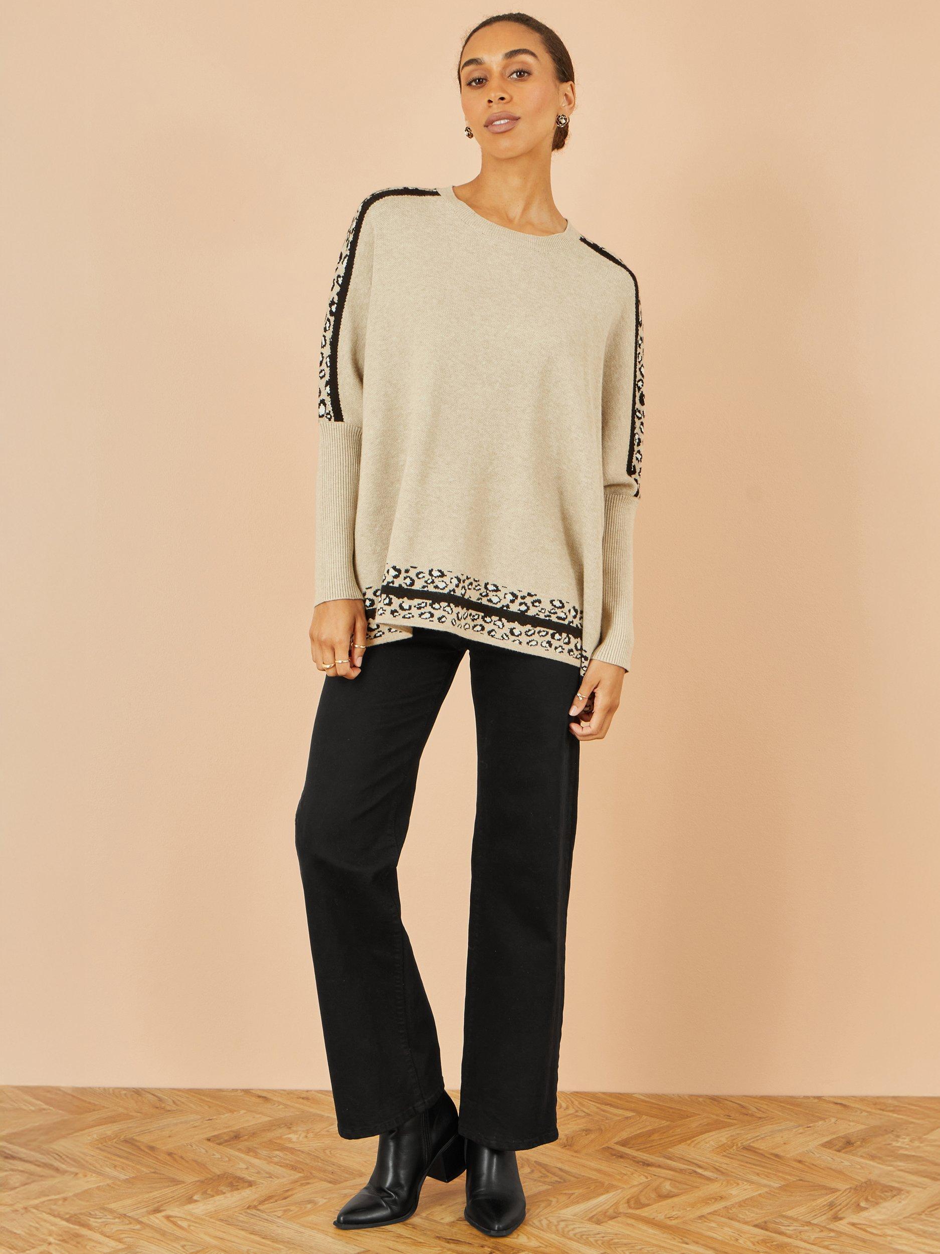 Product image 2 of 4, which shows Yumi Leopard Print Round Neck Jumper, Beige, S-M