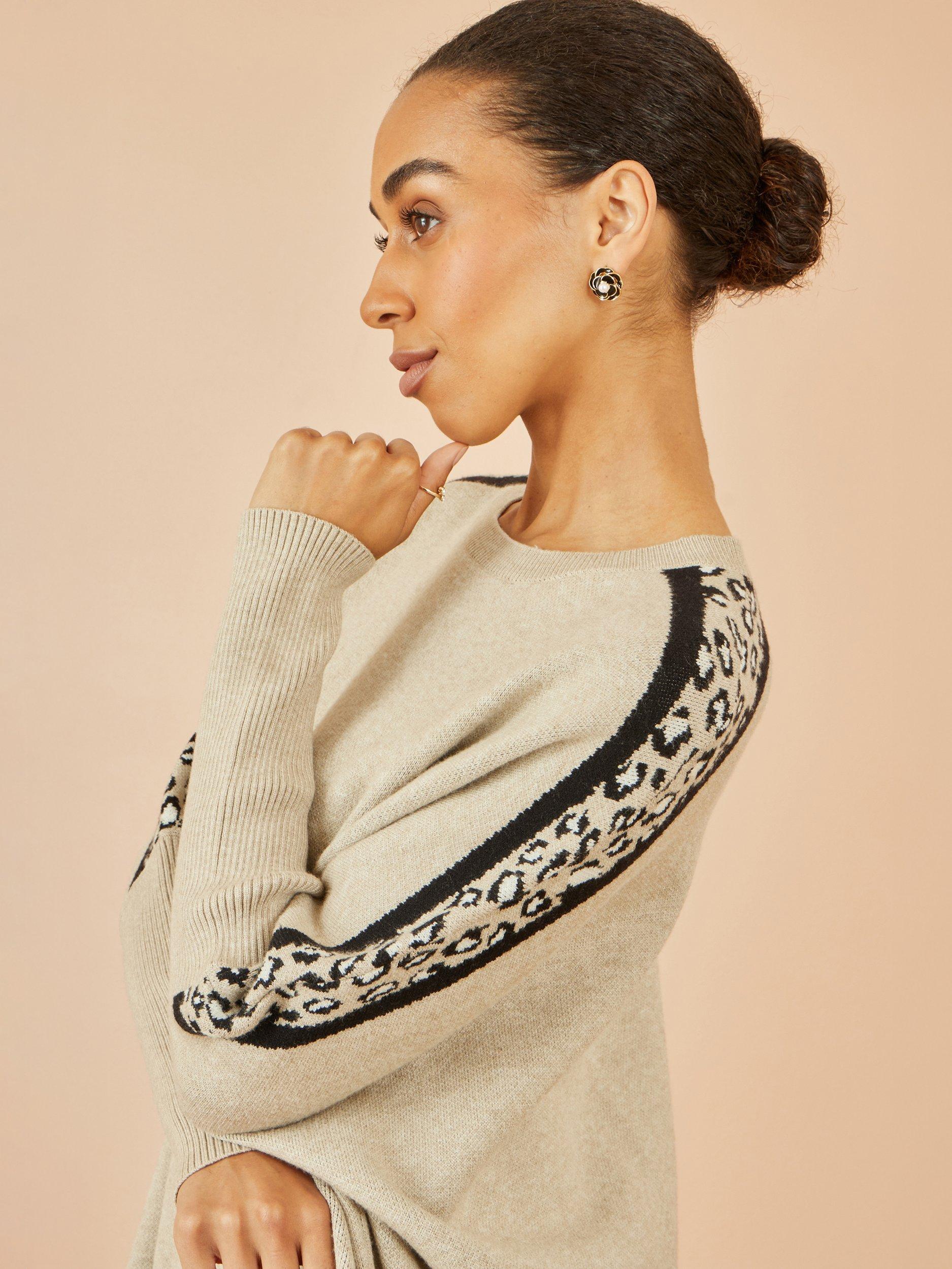 Product image 3 of 4, which shows Yumi Leopard Print Round Neck Jumper, Beige, S-M