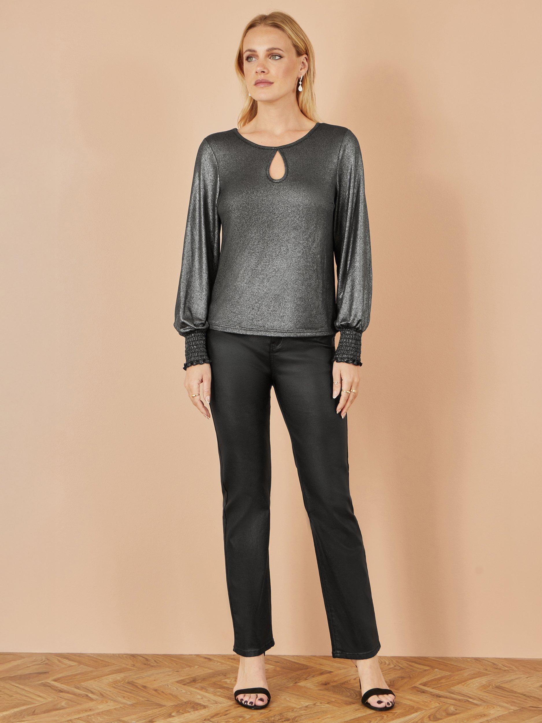 Product image 2 of 6, which shows Yumi Metallic Round Neck Bow Back Blouse, Black, 8