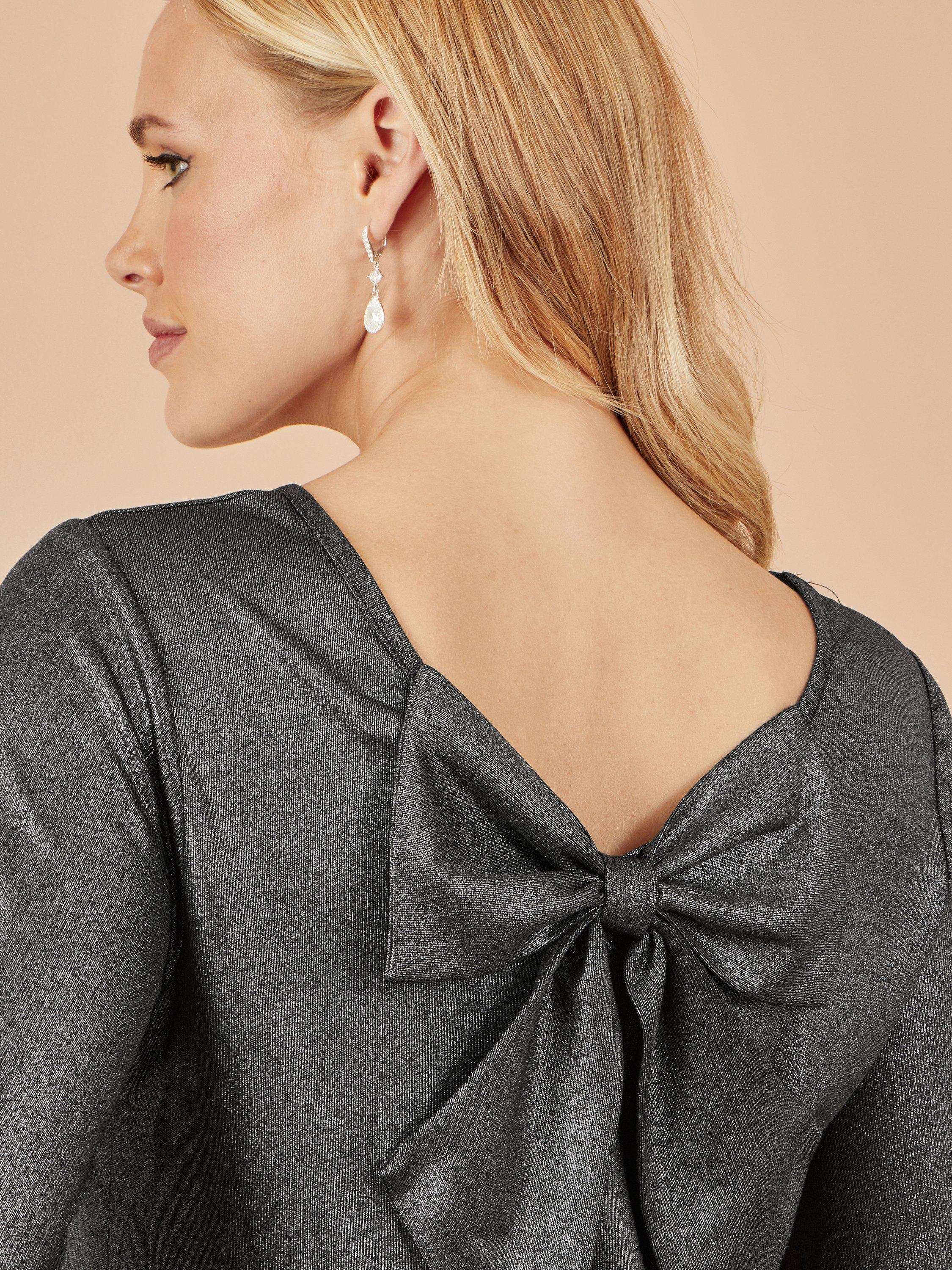 Product image 5 of 6, which shows Yumi Metallic Round Neck Bow Back Blouse, Black, 8