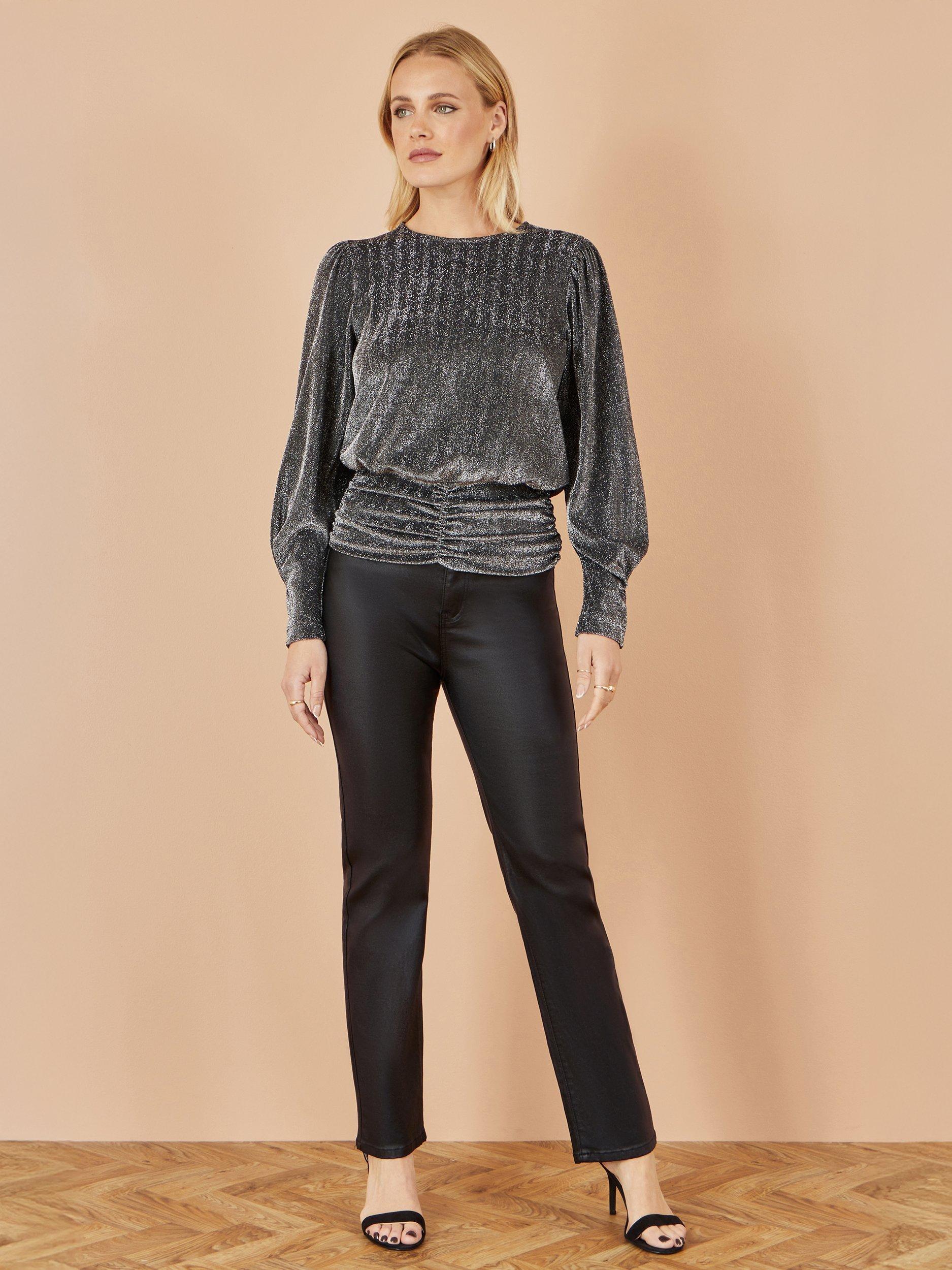 Product image 2 of 4, which shows Yumi Metallic Ruched Hem Long Sleeve Crew Neck Blouse, Black, 8