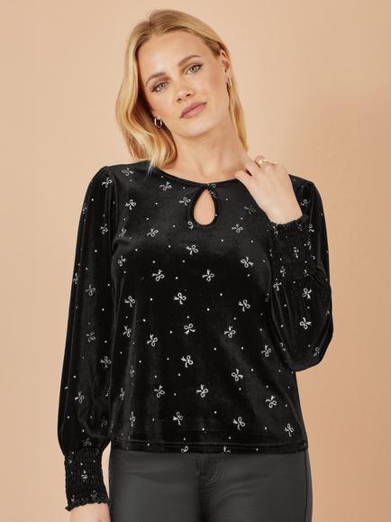 Yumi Sparkle Bow Top Long Sleeve Round Neck Blouse, Black