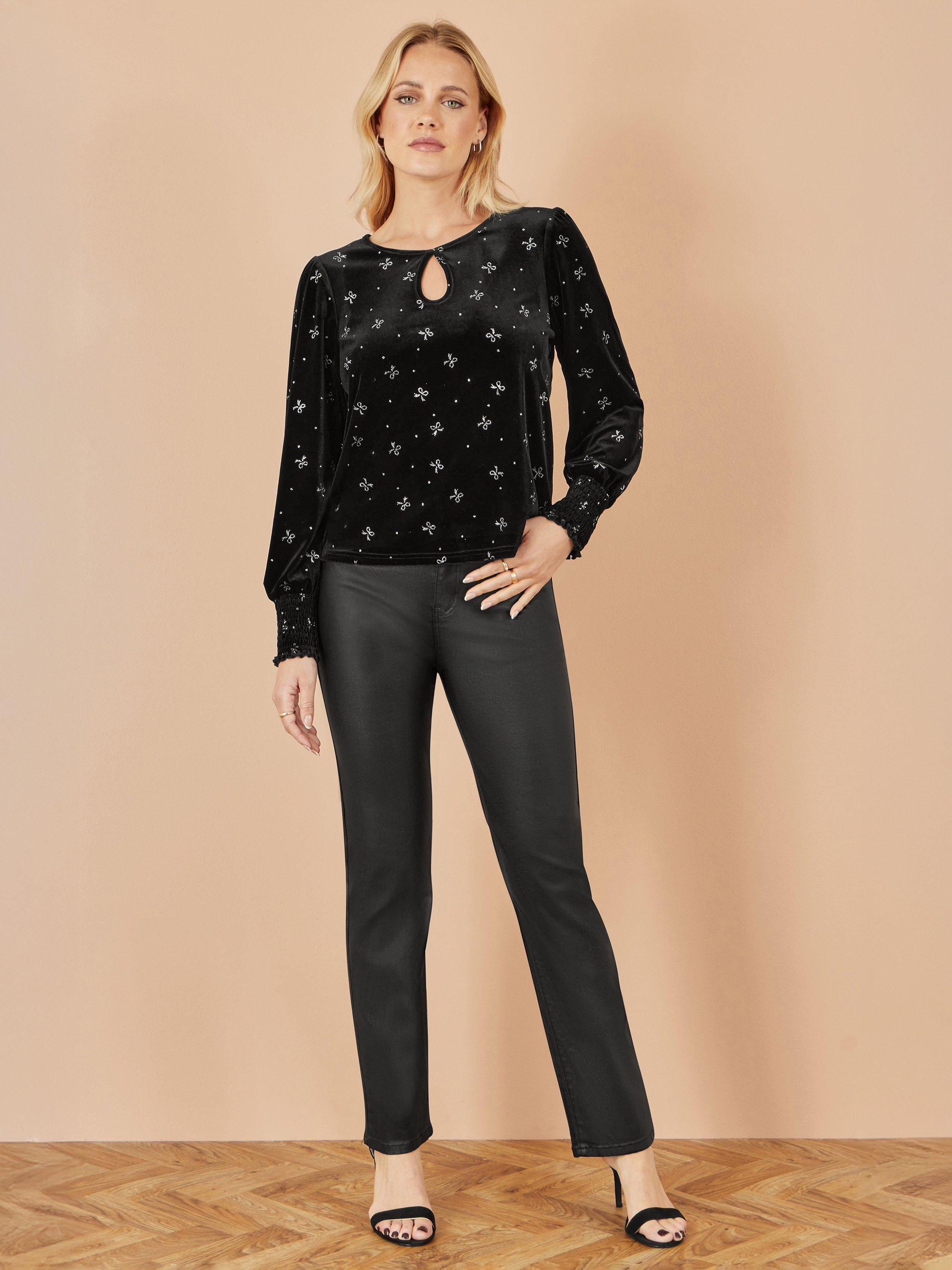 Product image 2 of 4, which shows Yumi Sparkle Bow Top Long Sleeve Round Neck Blouse, Black, 8
