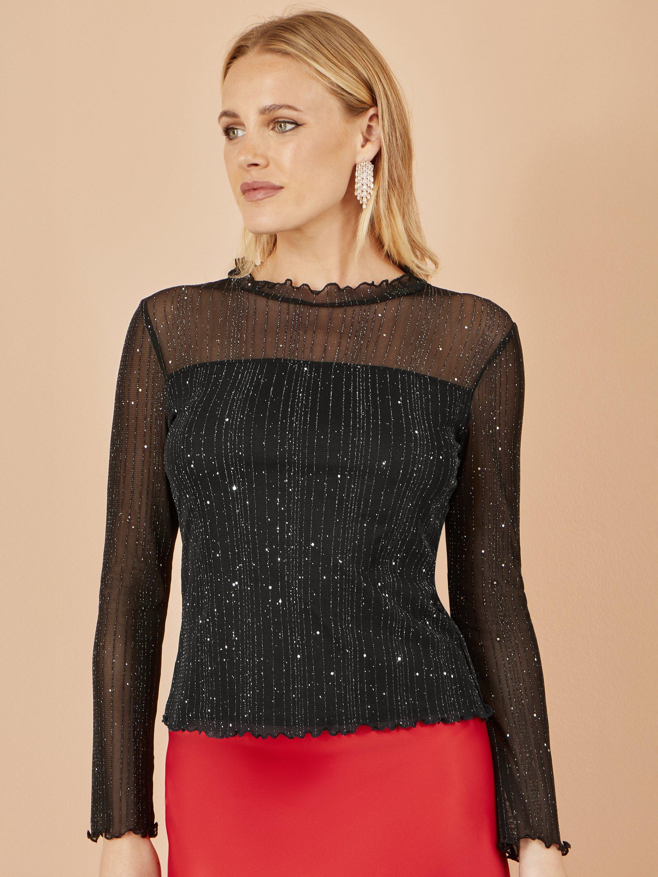 Product image 1 of 4, which shows Yumi Sparkle Stripe Mesh Long Sleeve Round Neck Blouse, Black, 8