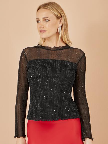 Yumi Sparkle Stripe Mesh Long Sleeve Round Neck Blouse, Black