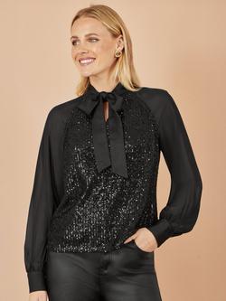 Yumi Sequin Long Sleeve Tie Neck Blouse, Black
