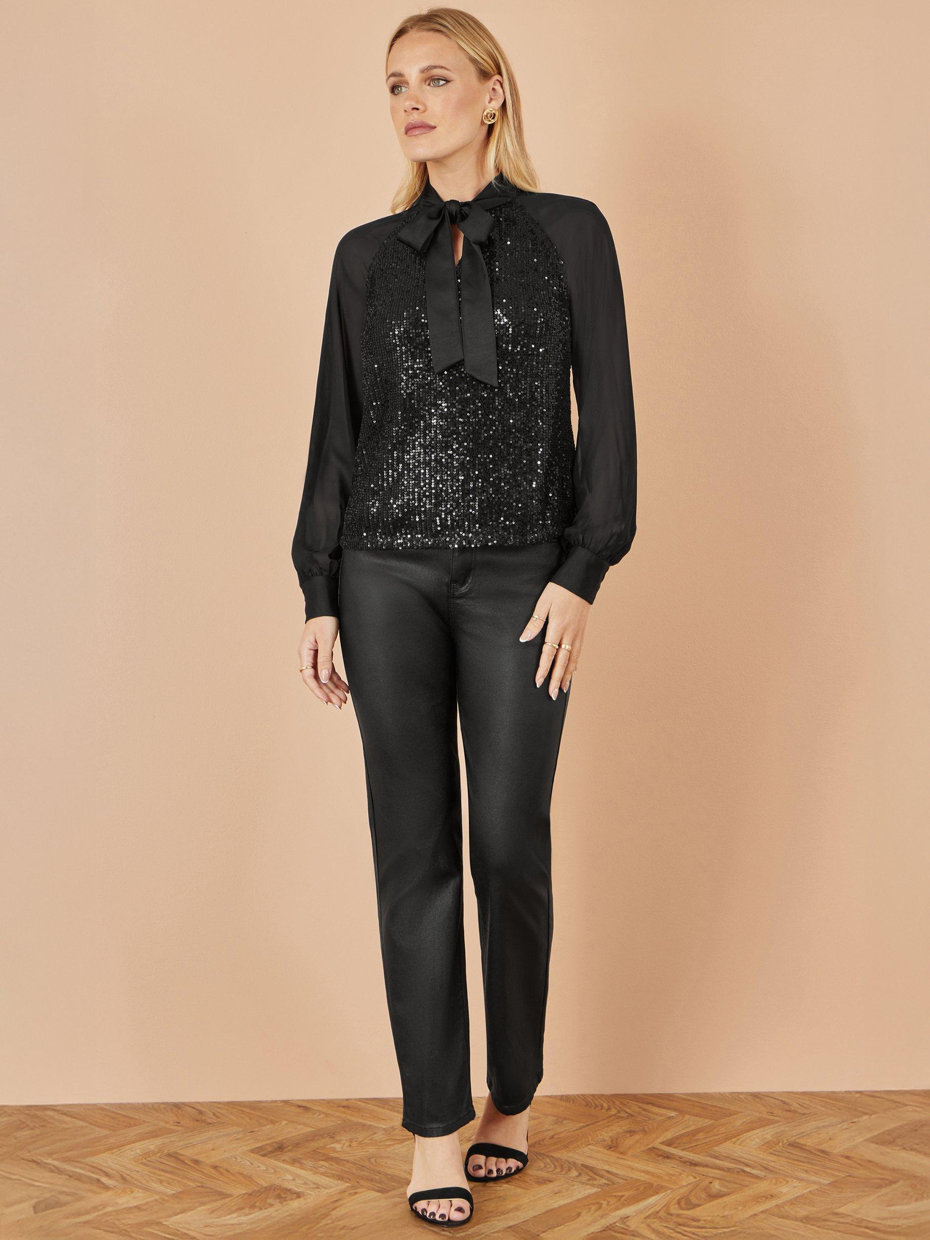 Product image 2 of 4, which shows Yumi Sequin Long Sleeve Tie Neck Blouse, Black, 8
