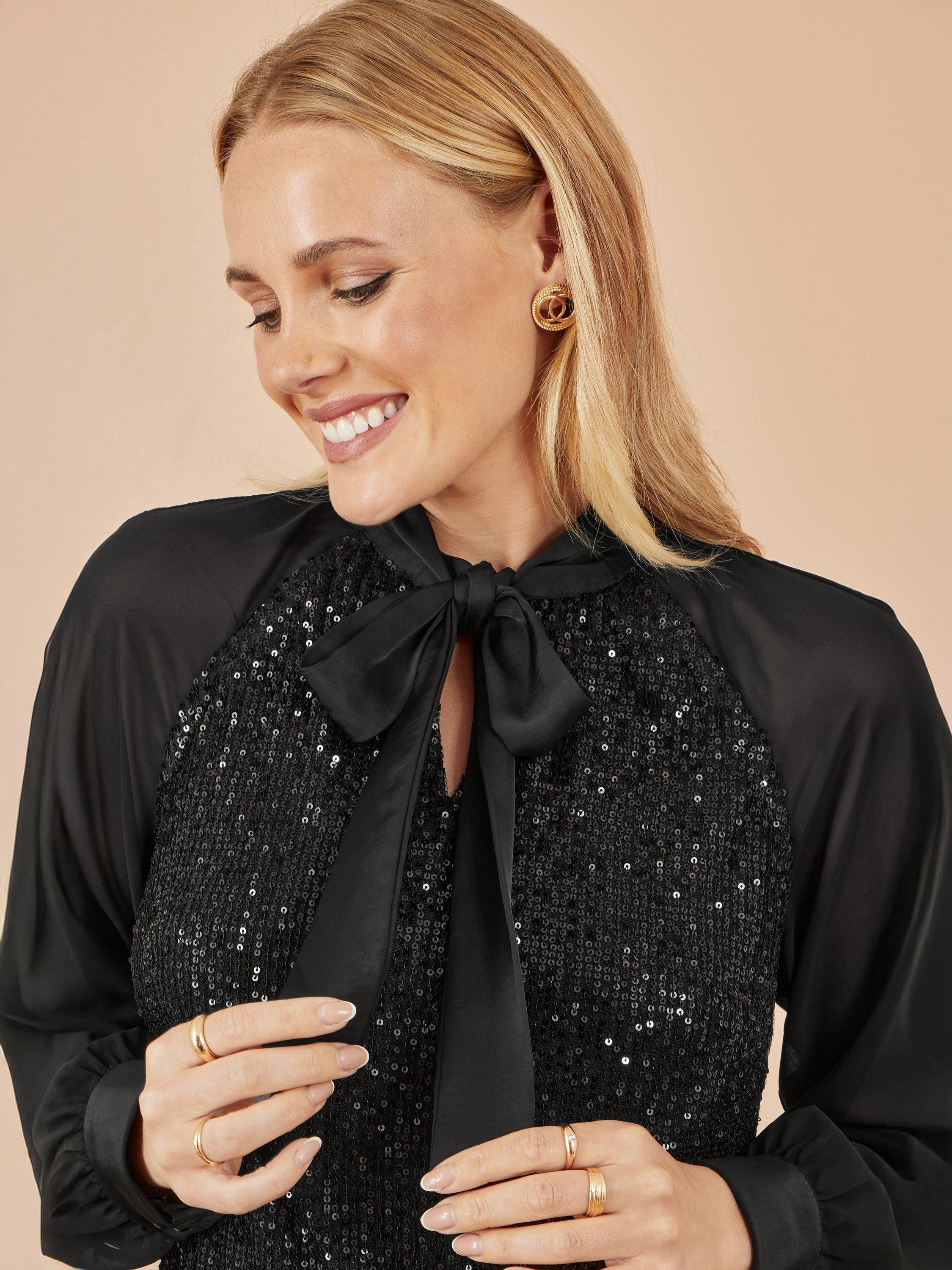 Product image 3 of 4, which shows Yumi Sequin Long Sleeve Tie Neck Blouse, Black, 8