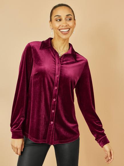 Yumi Long Sleeve Collar Velvet Shirt, Burgundy
