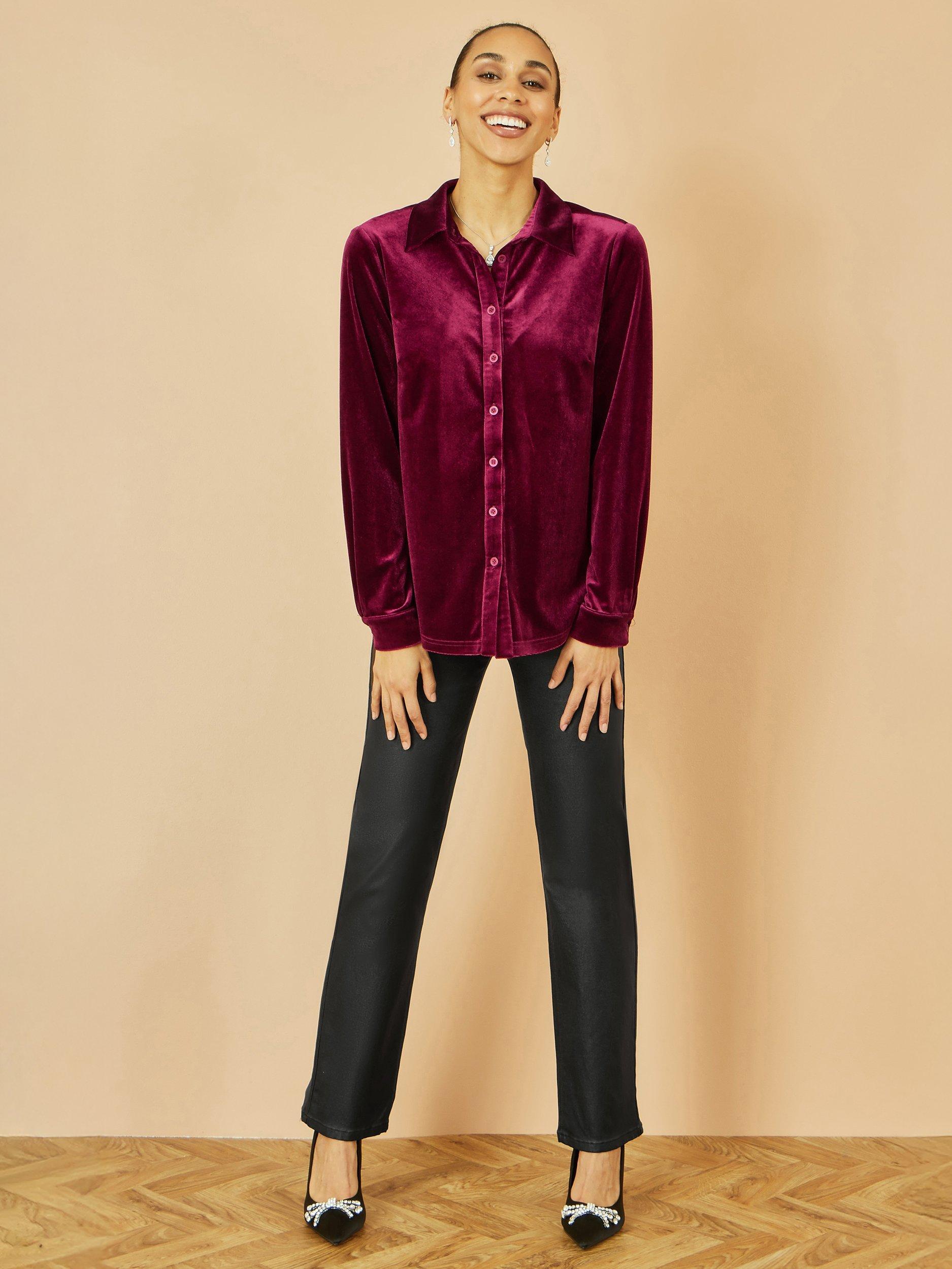 Product image 2 of 4, which shows Yumi Long Sleeve Collar Velvet Shirt, Burgundy, 8