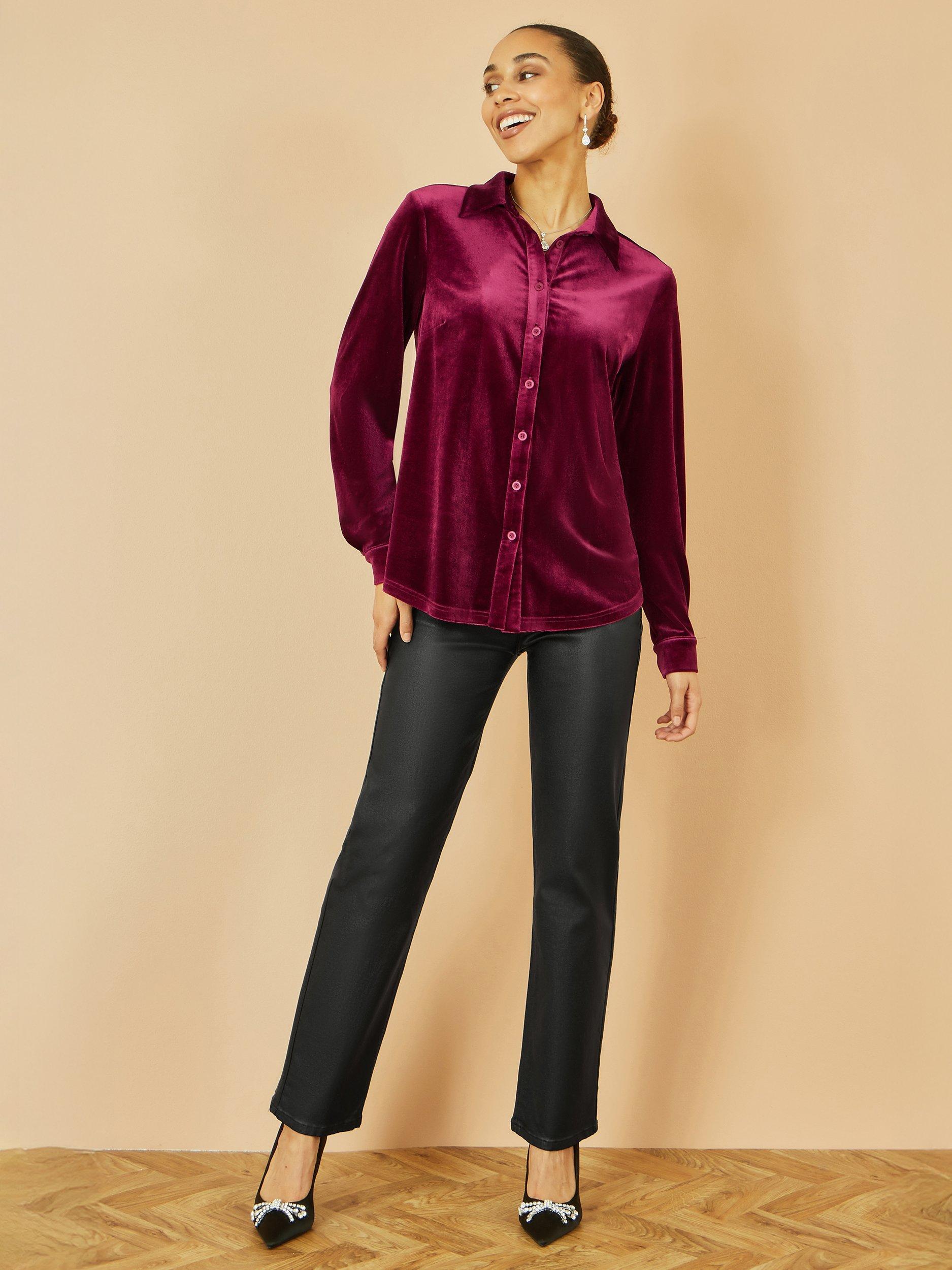 Product image 3 of 4, which shows Yumi Long Sleeve Collar Velvet Shirt, Burgundy, 8