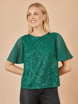 Yumi Sequin Short Sleeve Round Neck Blouse, Green