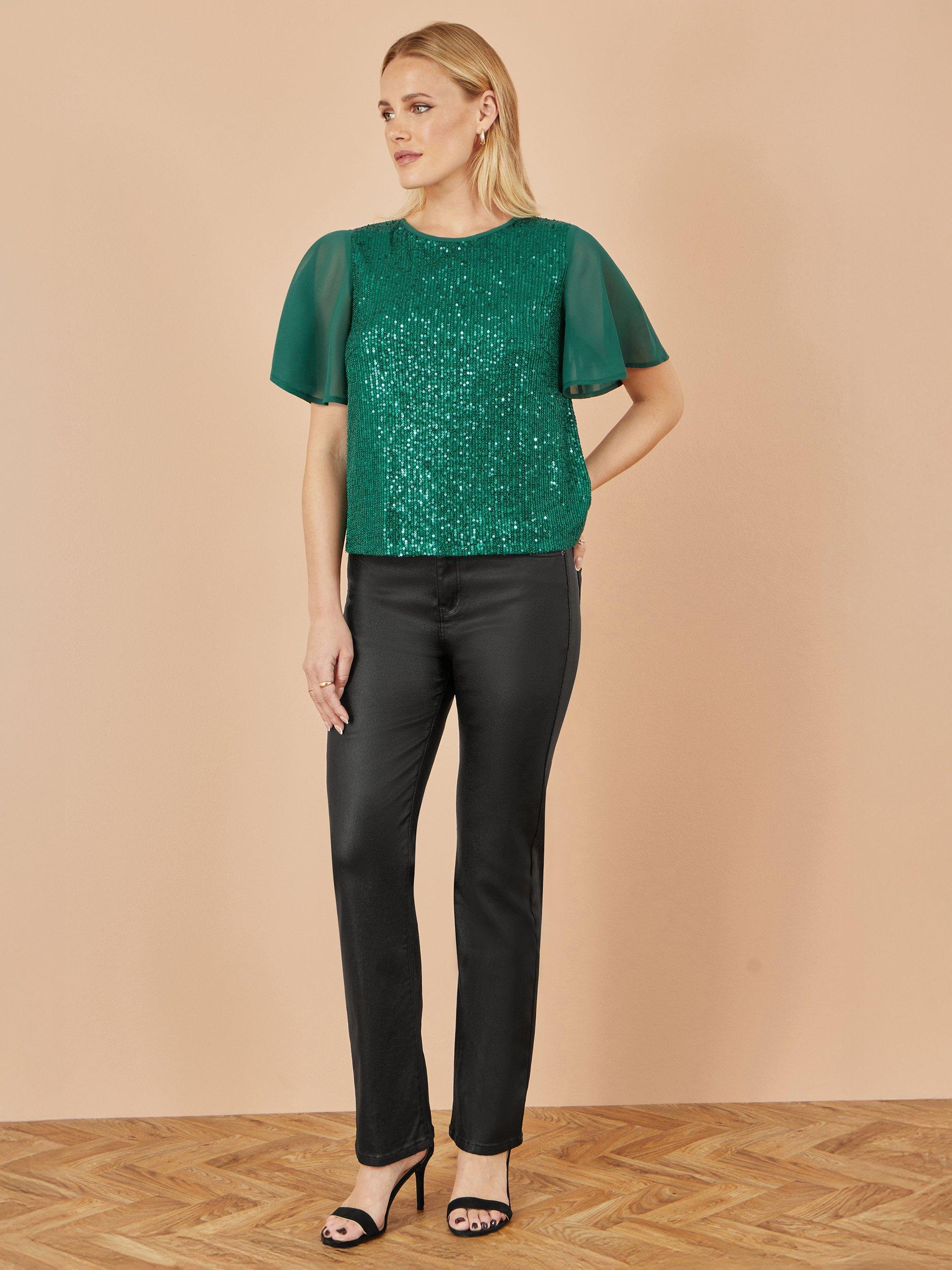 Product image 2 of 5, which shows Yumi Sequin Short Sleeve Round Neck Blouse, Green, 8