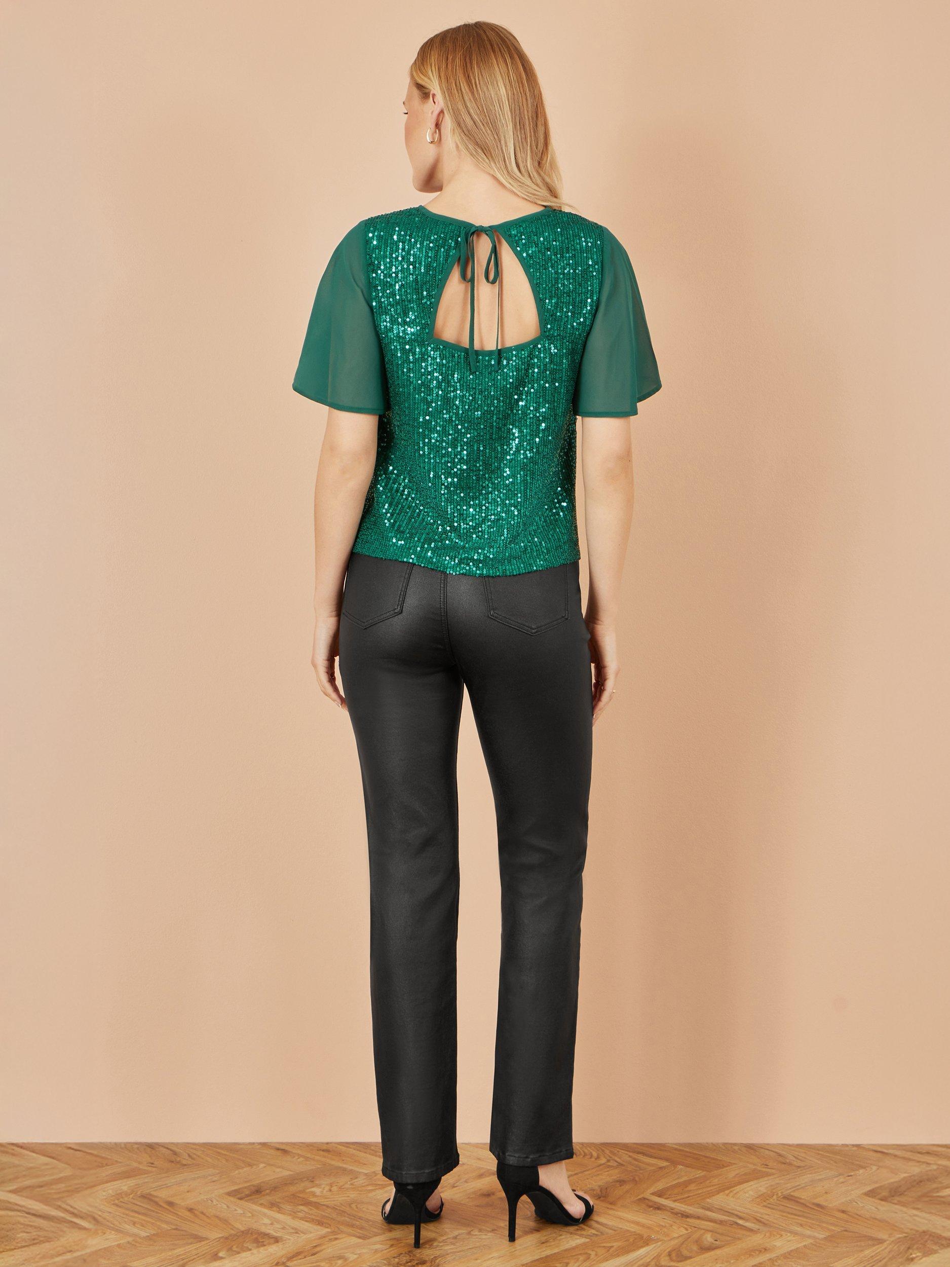 Product image 5 of 5, which shows Yumi Sequin Short Sleeve Round Neck Blouse, Green, 8