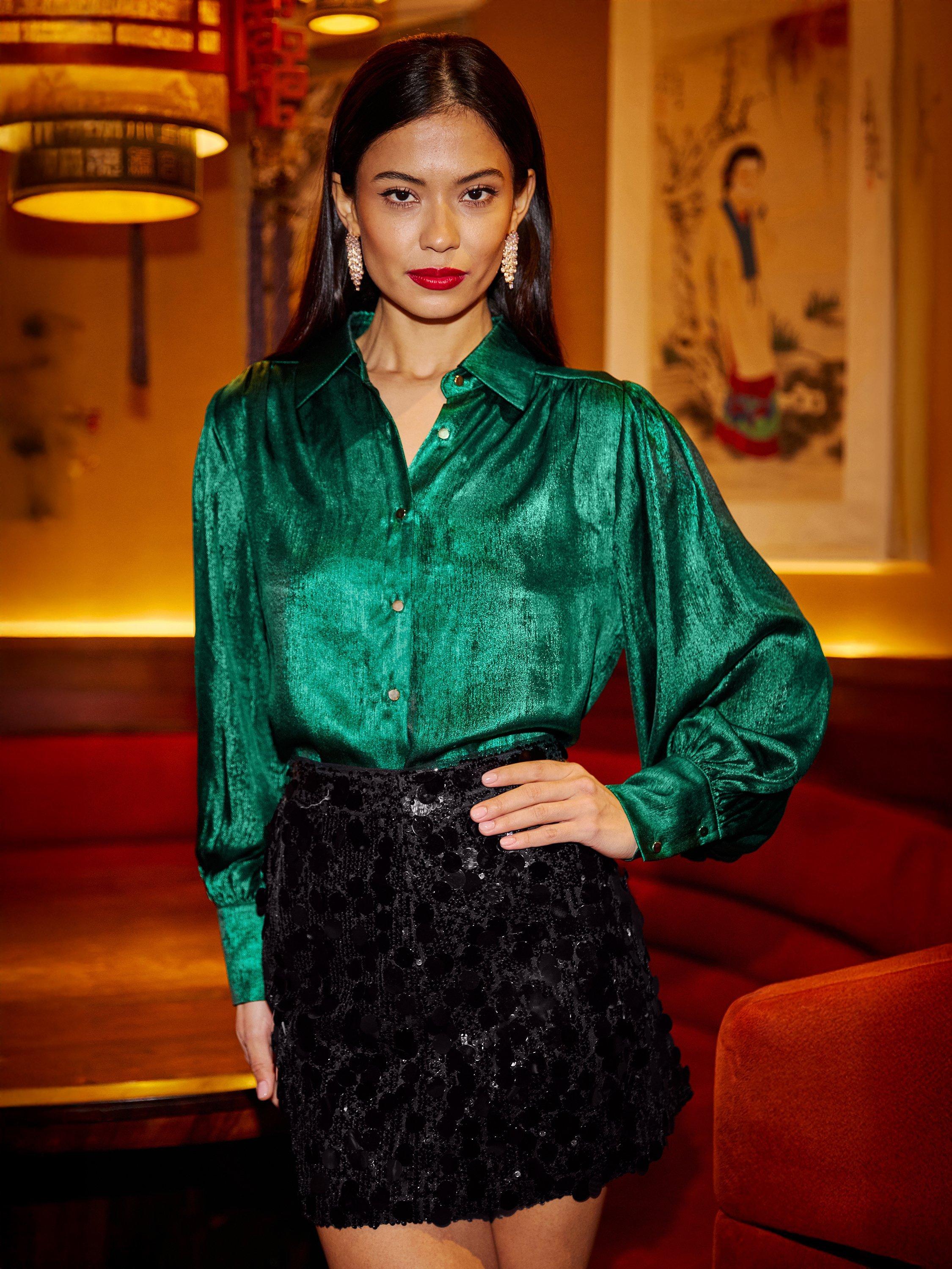 Product image 1 of 4, which shows Yumi Metalic Balloon Sleeve Collar Blouse, Green, 8