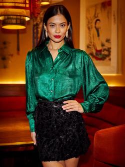 Yumi Metalic Balloon Sleeve Collar Blouse, Green
