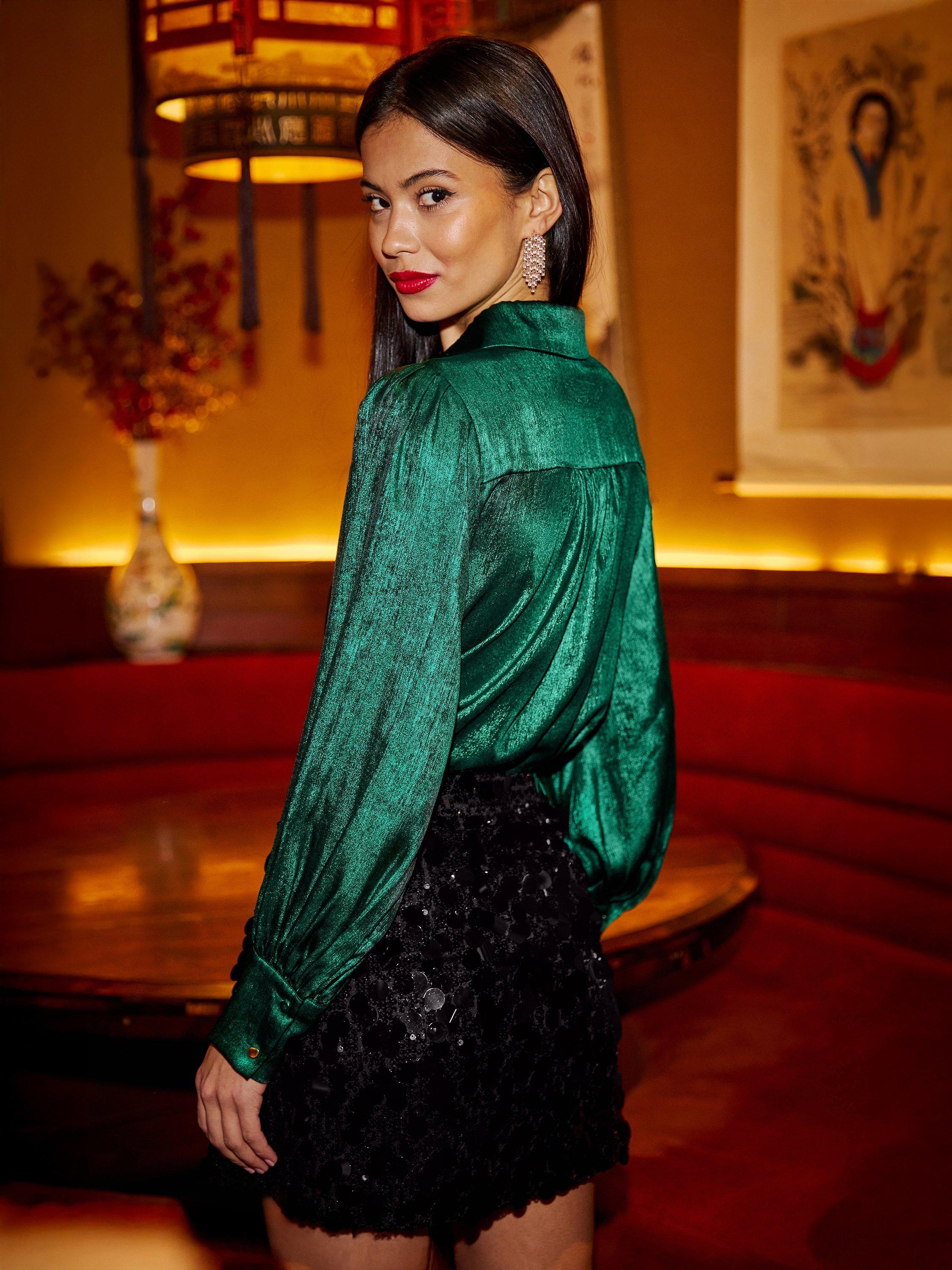 Product image 4 of 4, which shows Yumi Metalic Balloon Sleeve Collar Blouse, Green, 8