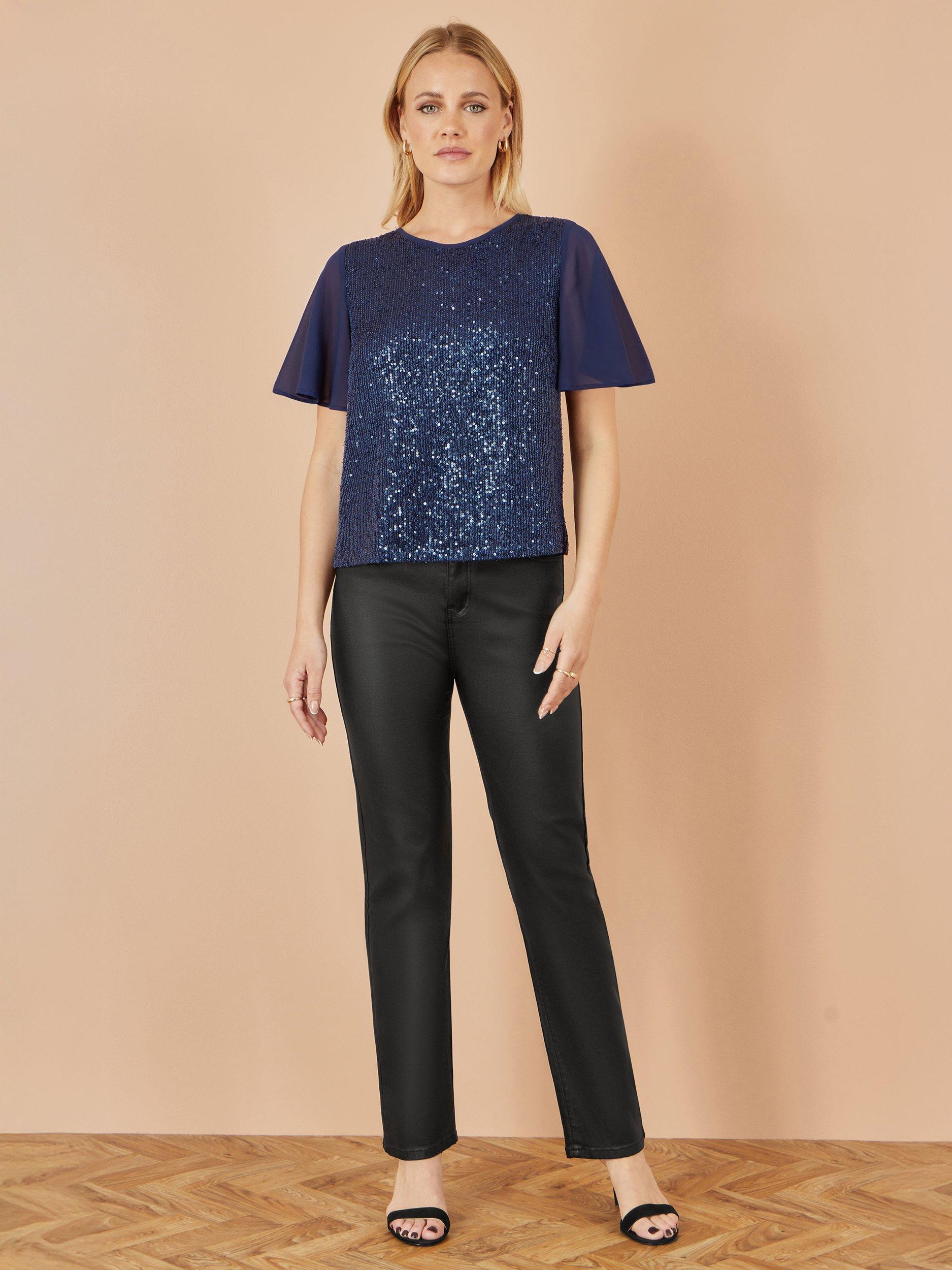 Product image 2 of 4, which shows Yumi Sequin Short Sleeve Round Neck Blouse, Navy, 8