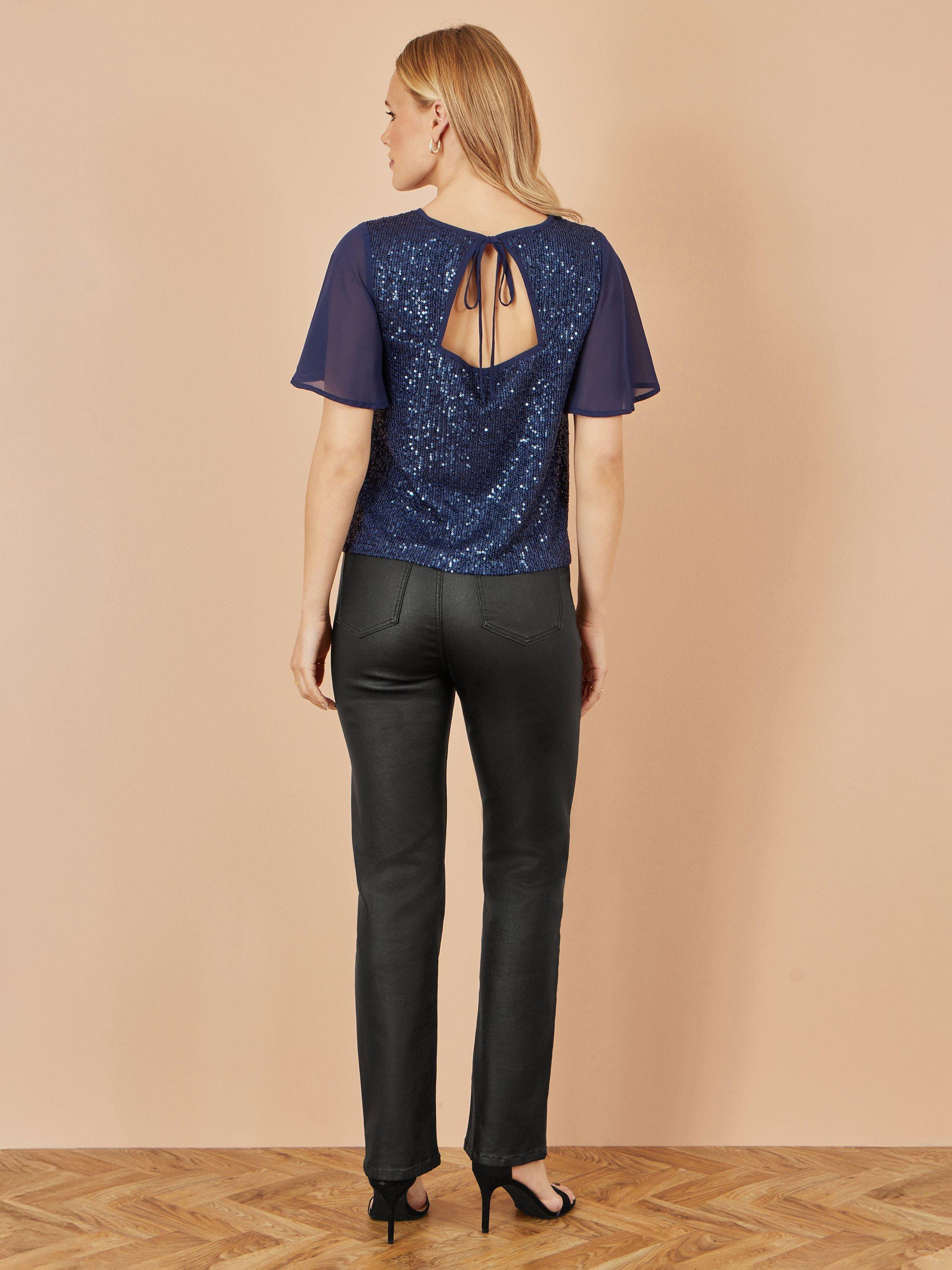 Product image 4 of 4, which shows Yumi Sequin Short Sleeve Round Neck Blouse, Navy, 8