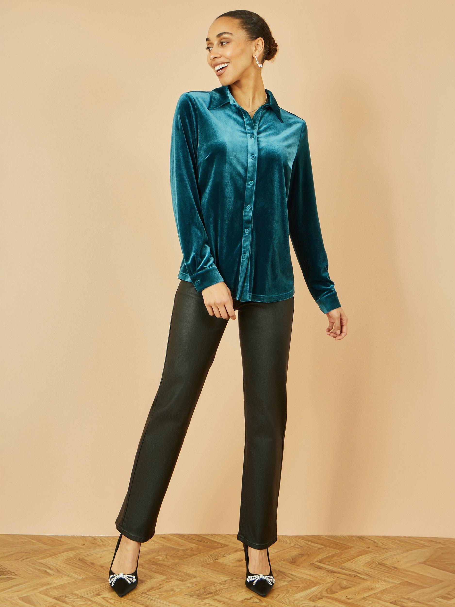 Product image 3 of 4, which shows Yumi Velvet Relaxed Shirt, Teal, 8