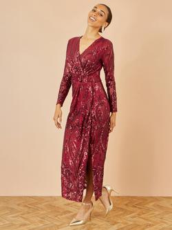 Yumi Long Sleeve V-Neck Midi Dress - view 2, Burgundy