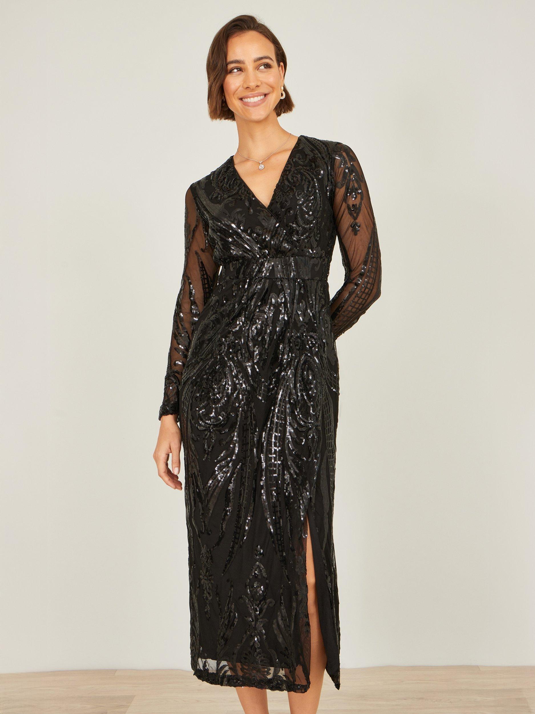 Product image 1 of 5, which shows Yumi Sequin Wrap Midi Dress, Black, 8