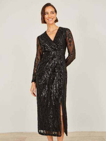 Yumi Sequin Wrap Midi Dress, Black, Black