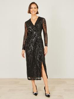 Yumi Sequin Wrap Midi Dress, Black - view 2, Black