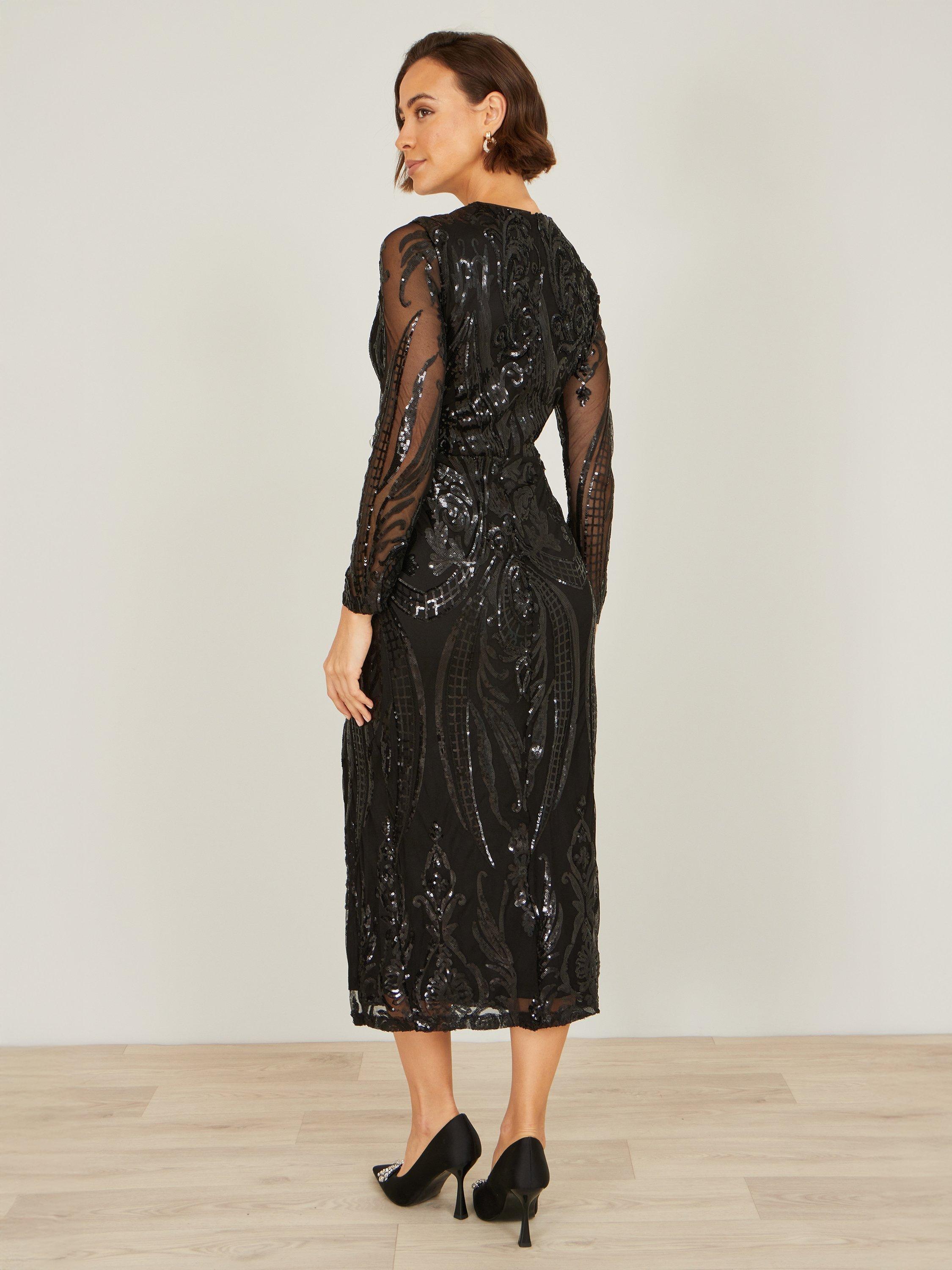 Product image 4 of 5, which shows Yumi Sequin Wrap Midi Dress, Black, 8