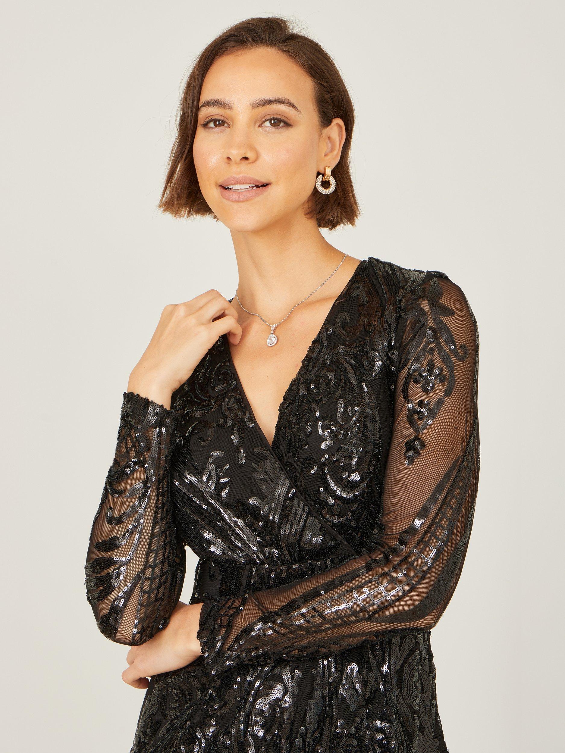 Product image 5 of 5, which shows Yumi Sequin Wrap Midi Dress, Black, 8