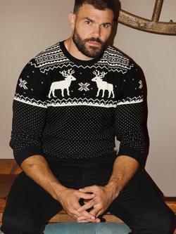 The Little Tailor Cotton Crew Neck Reindeer Jumper, Black, Black