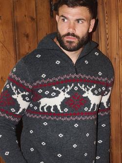 The Little Tailor Wool Blend Fair Isle Zip Neck Jumper, Charcoal, Charcoal