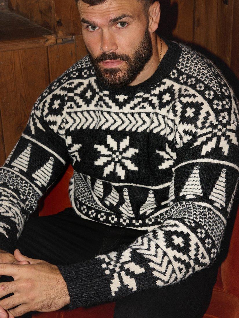 Product image 1 of 7, which shows The Little Tailor Knitted Fair Isle Jumper, Black/Cream, S