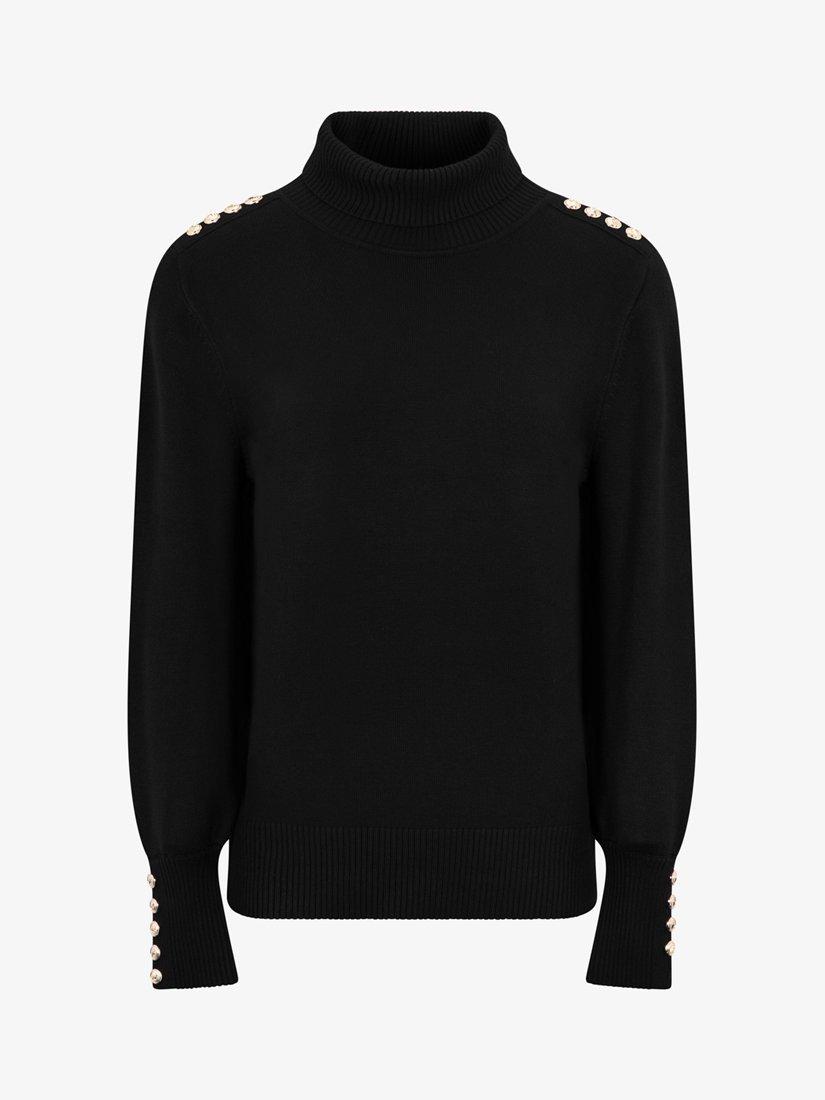 Product image 1 of 10, which shows The Little Tailor High Neck Button Trim Jumper, Black, XS