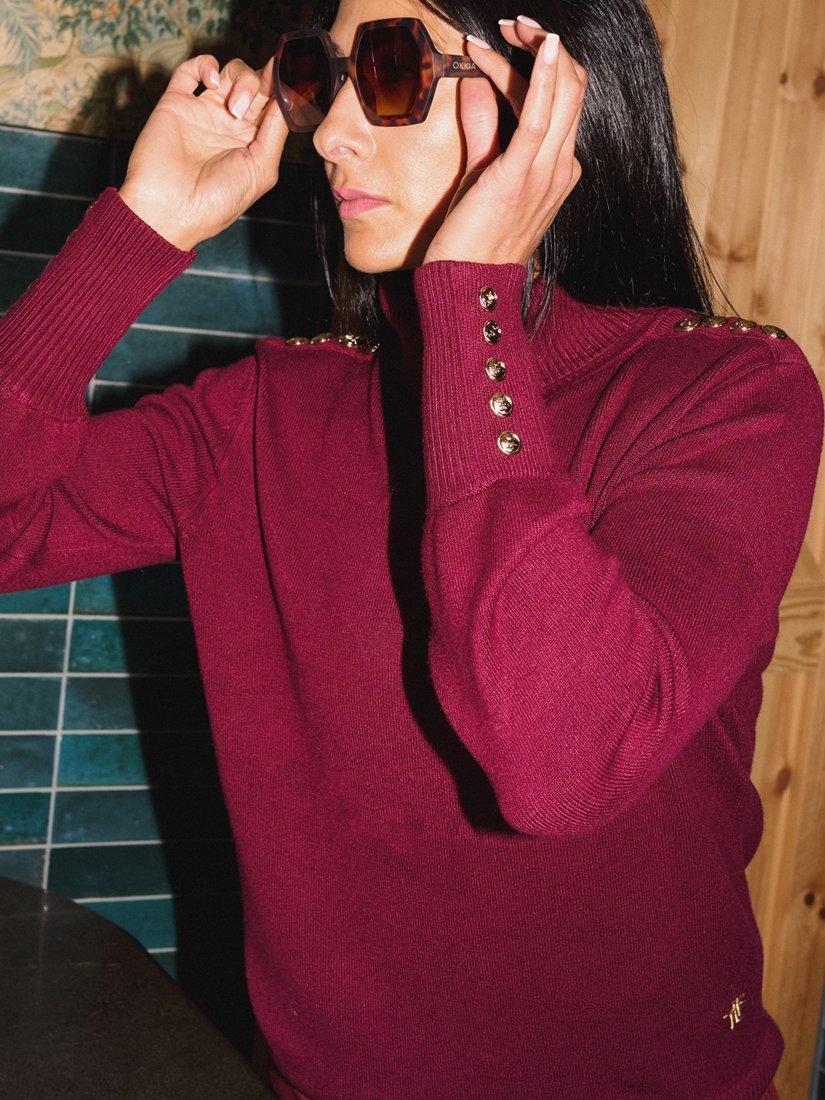 Product image 4 of 9, which shows The Little Tailor High Neck Button Trim Jumper, Claret, XS