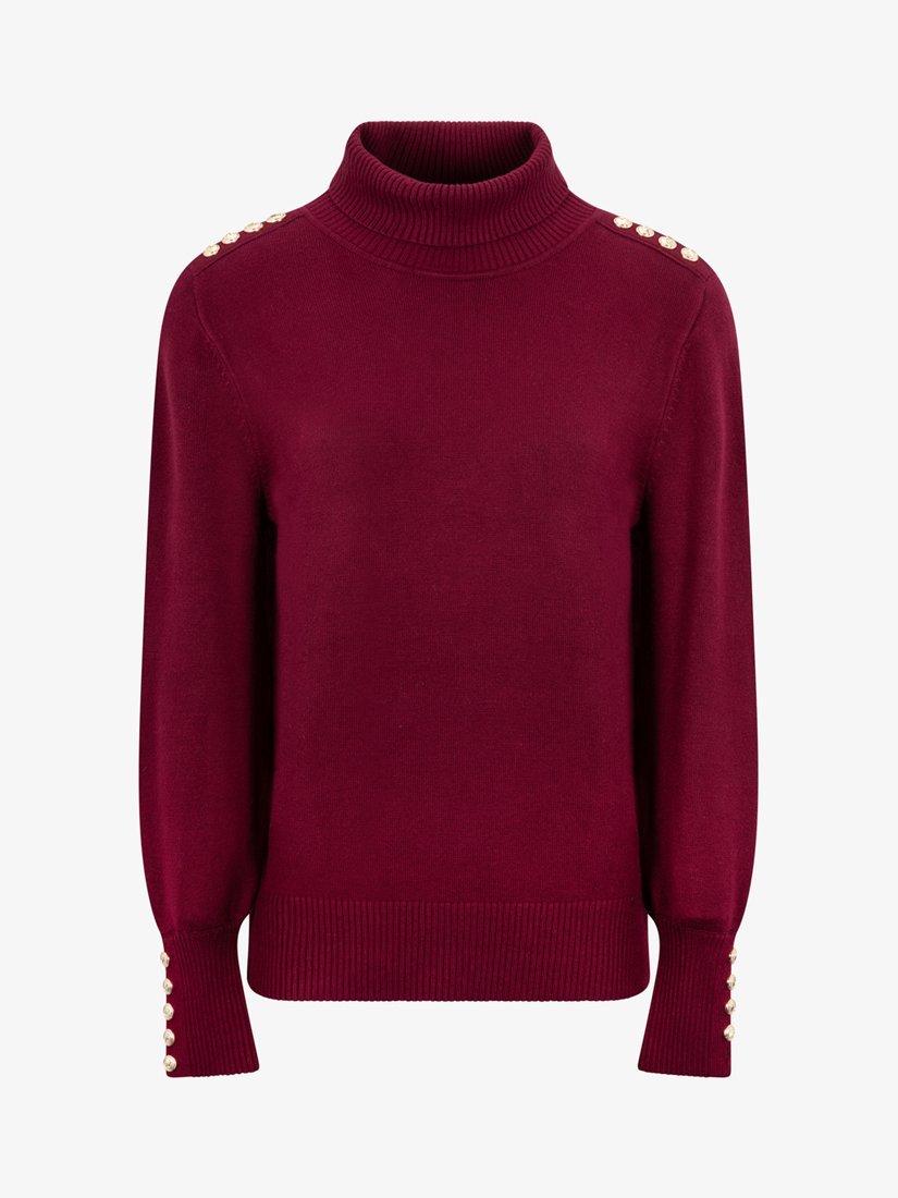 Product image 6 of 9, which shows The Little Tailor High Neck Button Trim Jumper, Claret, XS