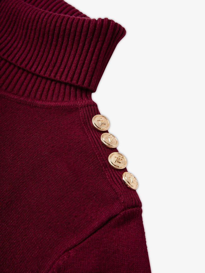 Product image 8 of 9, which shows The Little Tailor High Neck Button Trim Jumper, Claret, XS