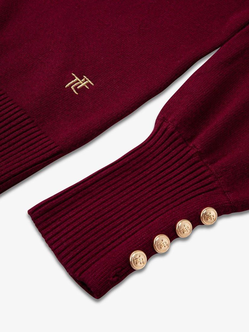 Product image 9 of 9, which shows The Little Tailor High Neck Button Trim Jumper, Claret, XS