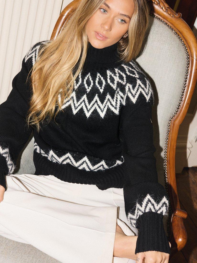 Product image 1 of 7, which shows The Little Tailor Diamond Knit Fair Isle Jumper, Black, XS
