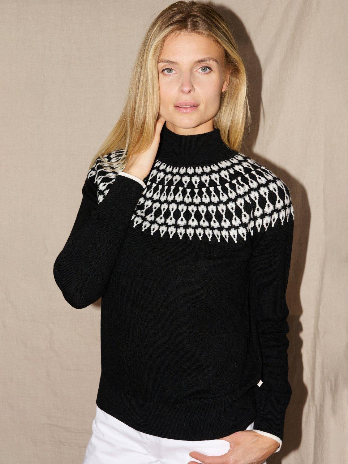 Product image 1 of 8, which shows The Little Tailor Wool Blend Funnel Neck Fair Isle Jumper, Black, XS