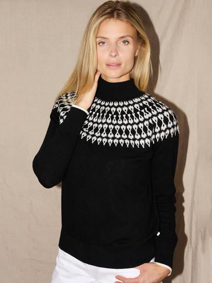 The Little Tailor Wool Blend Funnel Neck Fair Isle Jumper, Black