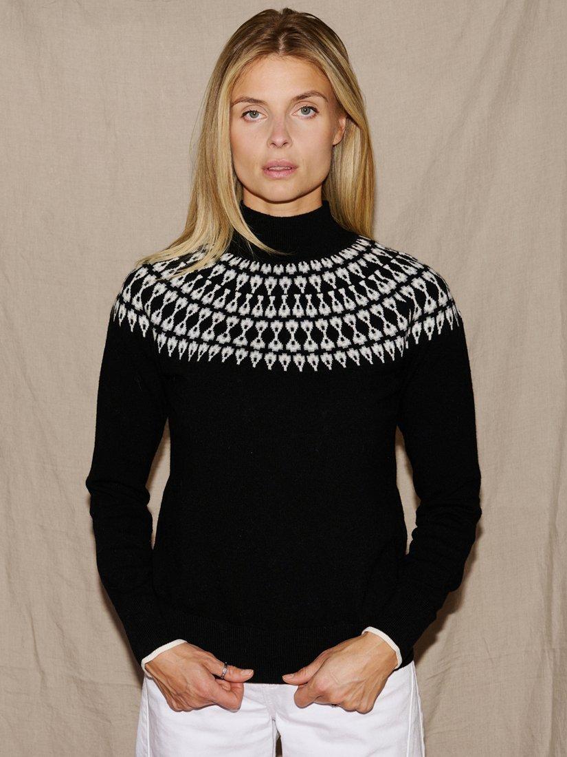 Product image 3 of 8, which shows The Little Tailor Wool Blend Funnel Neck Fair Isle Jumper, Black, XS