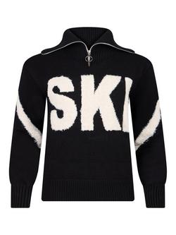 The Little Tailor Relaxed Zip Neck Ski Jumper, Black/Cream, Black/Cream