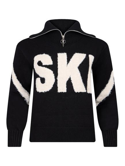 The Little Tailor Relaxed Zip Neck Ski Jumper, Black/Cream, Black