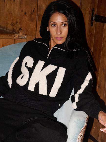The Little Tailor Relaxed Zip Neck Ski Jumper, Black/Cream - view 2, Black/Cream