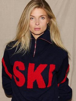 The Little Tailor Relaxed Zip Neck Ski Jumper, Navy/Red