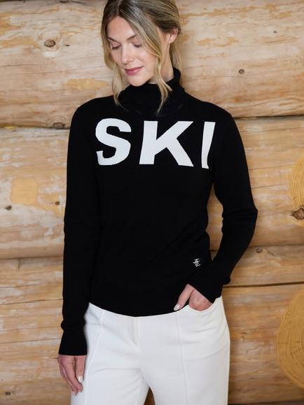The Little Tailor Slim Roll Neck Ski Text Jumper, Black/Cream