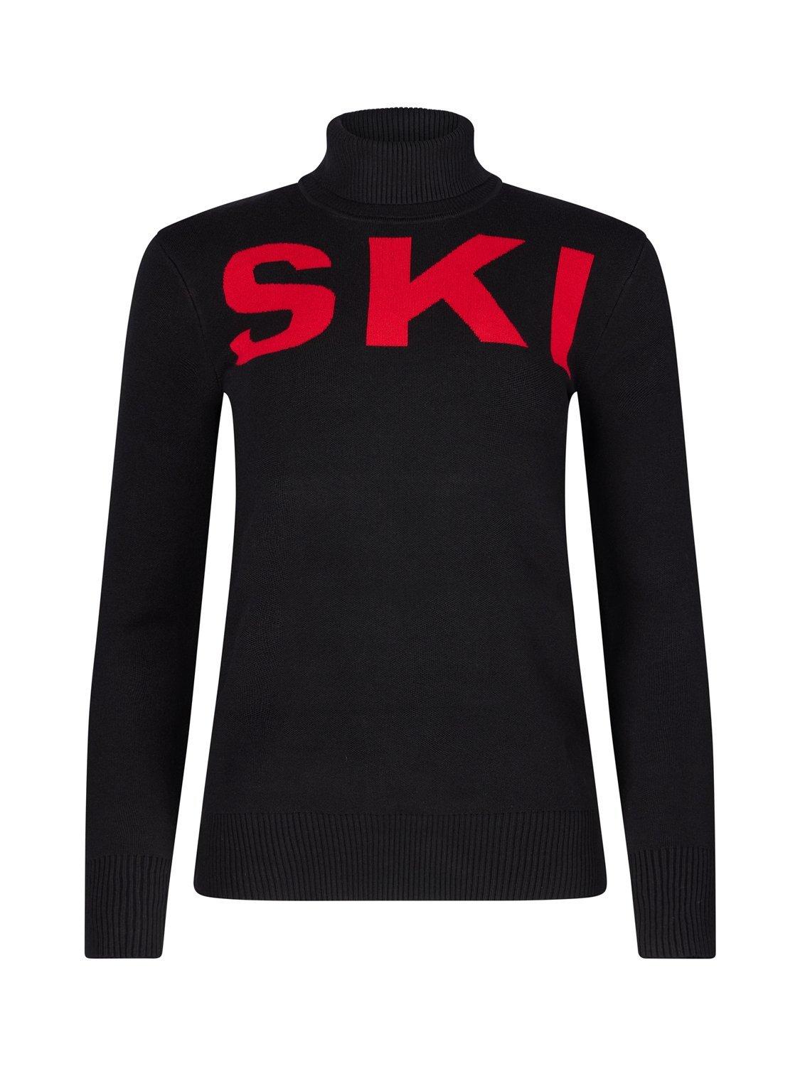 Product image 1 of 8, which shows The Little Tailor Slim Roll Neck Ski Text Jumper, Black/Red, XS