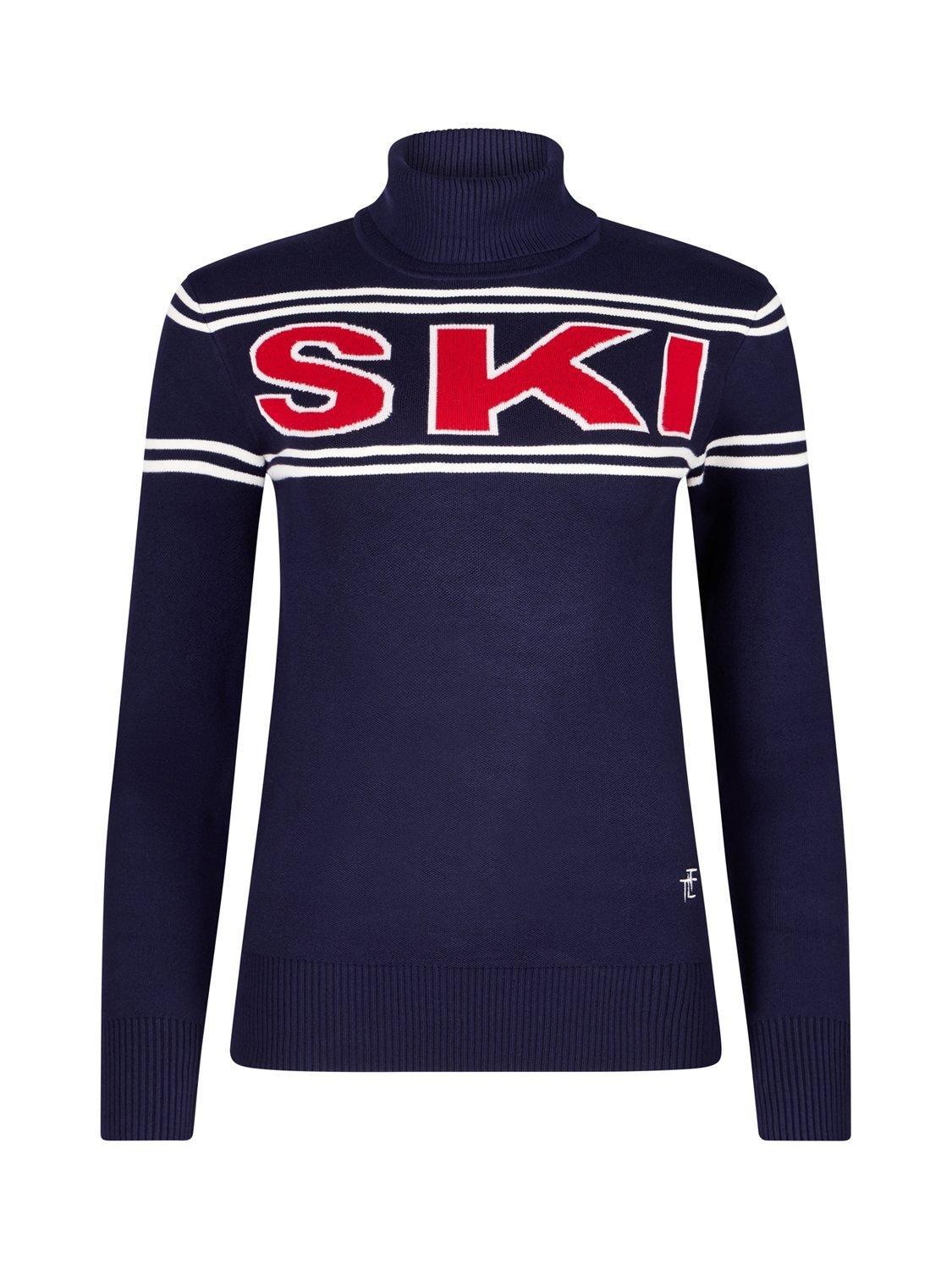 Product image 1 of 6, which shows The Little Tailor Slim Roll Neck Ski Text Jumper, Navy/Red, XS