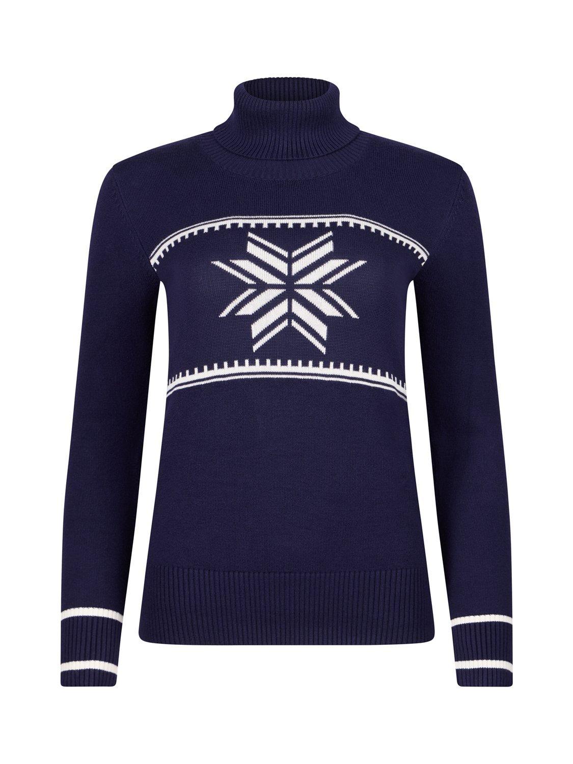 Product image 1 of 8, which shows The Little Tailor Slim Roll Neck Snowflake Jumper, Navy, XS